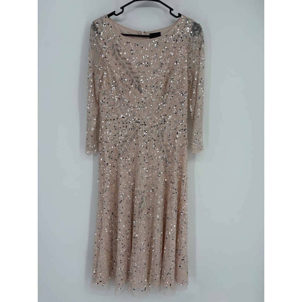 Adrianna Papell Dress Womens 6 Pink Sequin Pearl Embellished Mesh Cocktail Midi